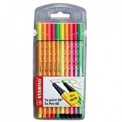 Set NEON  Microfibra Point 88 x 5 unidades+ Marcador Pen 68 x 5 unidades Stabilo