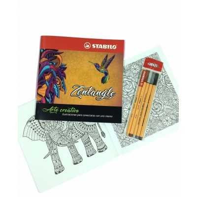Set de Libro de Arte Creativo Zentangle + Microfibras Point 88 x 5 Colores Grises y Sepias Stabilo