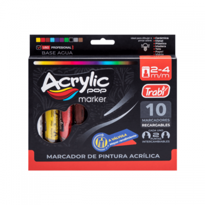 Set marcadores acrílicos doble punta de 2-4 mm (redonda y biselada) x 10 colores surtidos Trabi