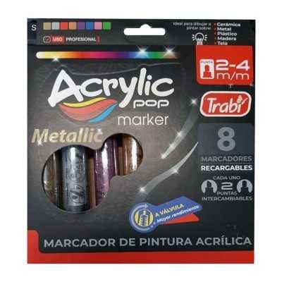 Set de marcadores acrílicos c/2 puntas redonda y biselada de 2-4 mm x 8 colores metalizados TRABI