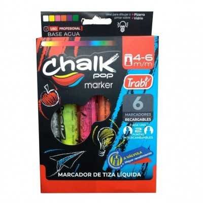 Set de Marcadores de Tiza con 2 Puntas Redonda y Chanfleada de 4-6 mm x 6 Colores Surtidos Trabi