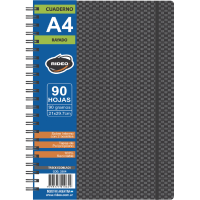 Cuaderno A4 Trek Ecoblack con elástico x 90 hojas rayadas Rideo