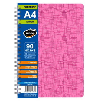Cuaderno Espiralado A4 tapas plásticas entelado pastel  x90 hojas lisas Rideo