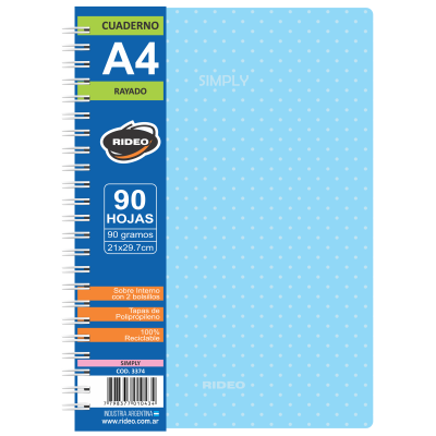 Cuaderno Espiralado A4 tapas plásticas Simply x90 hojas rayadas Rideo