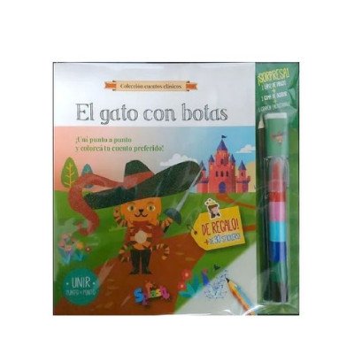 Set de libros de cuentos para pintar 21x27 cms + stickers. Punto a punto- Gato con botas Editorial Splash