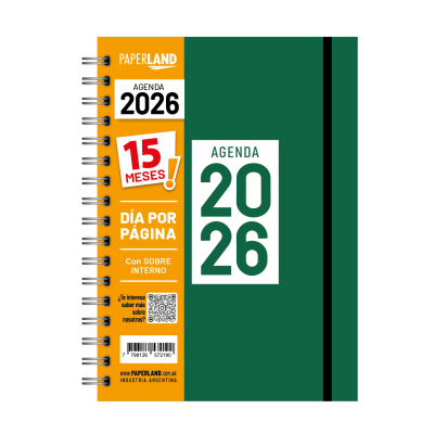 Agenda A5 Diaria verde de 15 MESES con elástico Paperland